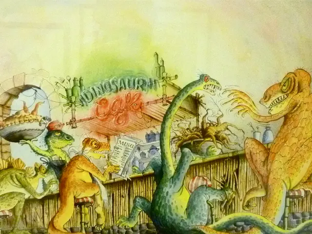 In this image I can see paintings of dinosaurs, wall, boards, shop, bottles and so on. This image...